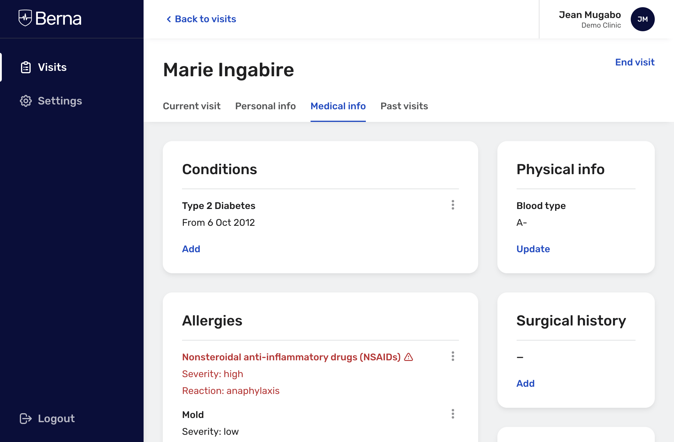 Screenshot of patient severe allergies being flagged on Berna