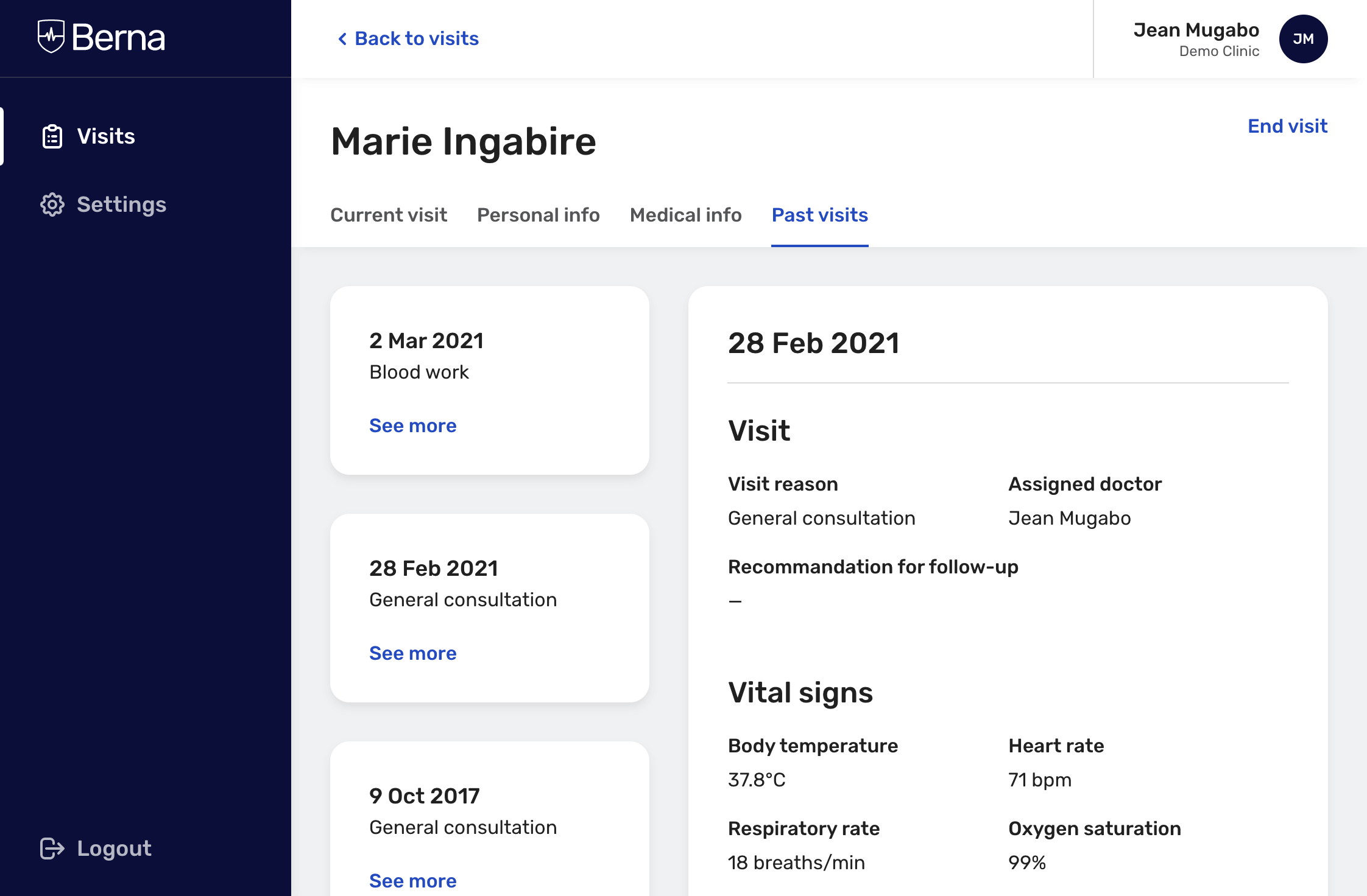 Screenshot of past patient visits on Berna
