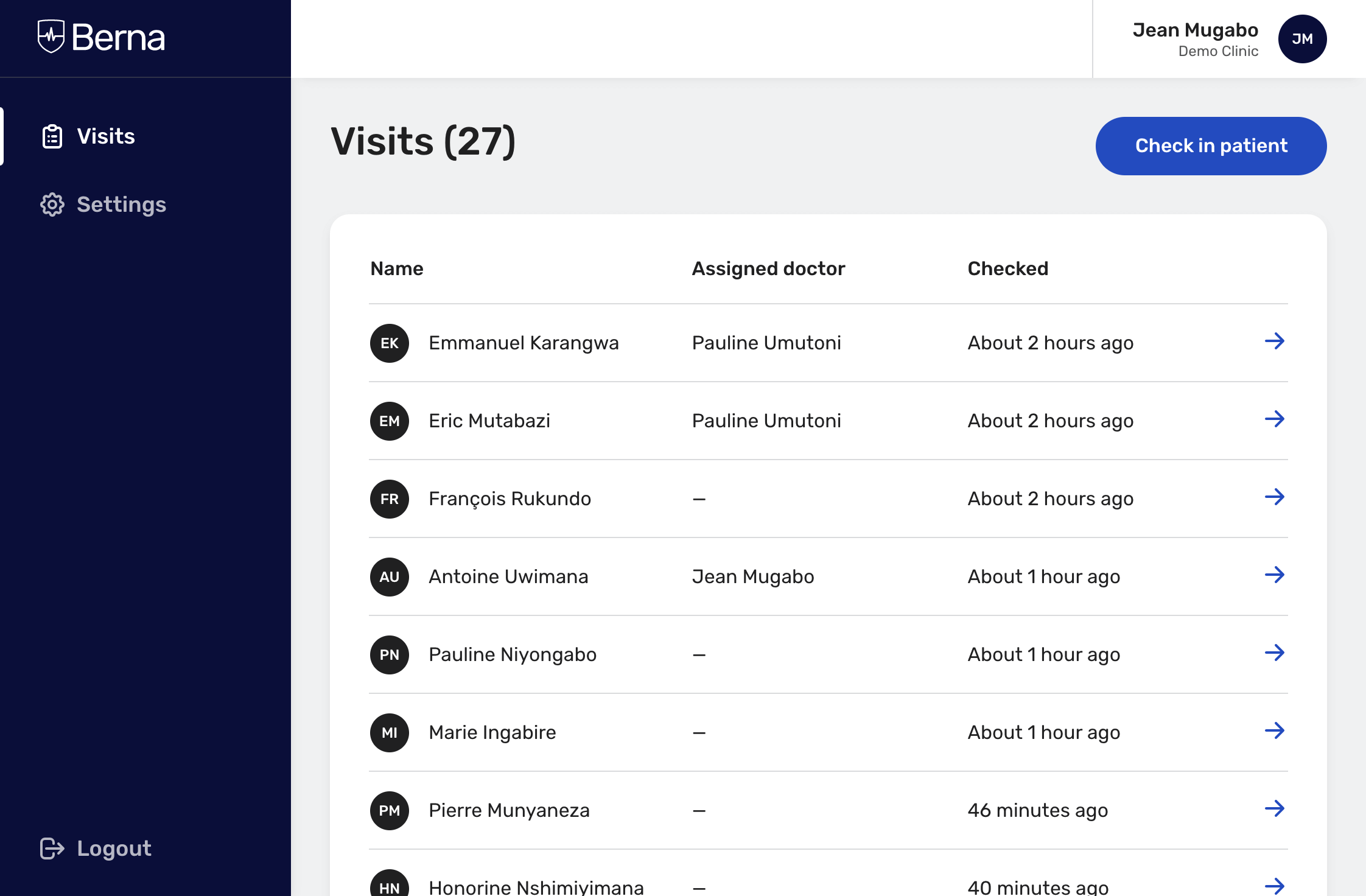 Screenshot of patient visits on Berna